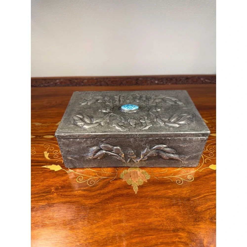 Antique‎ Art Nouveau Pewter Box • Repoussé Jewelry Casket w/ Blue Glass Cabochon